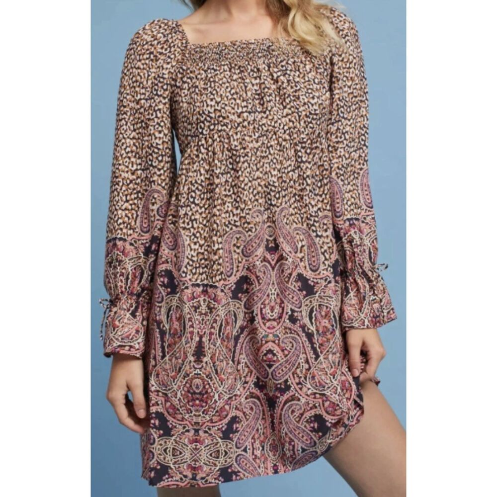Maeve Anthropologie Milou Dress Size Med Paisley Babydoll Boho Peasant Smocked